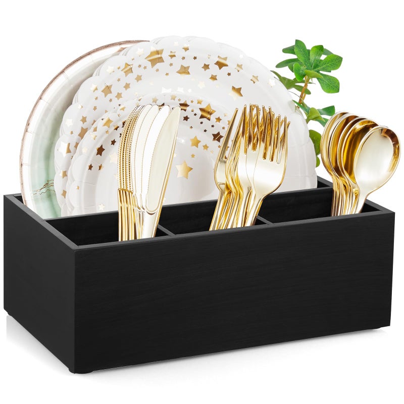 DRASTAR Paper Plate Dispenser  Wooden Utensil Caddy Organizer  Large Silverware Holder for Party  Black Paper Plate Organizer  Kitchen Utensil Caddy for Party Picnic Camping - Image 1